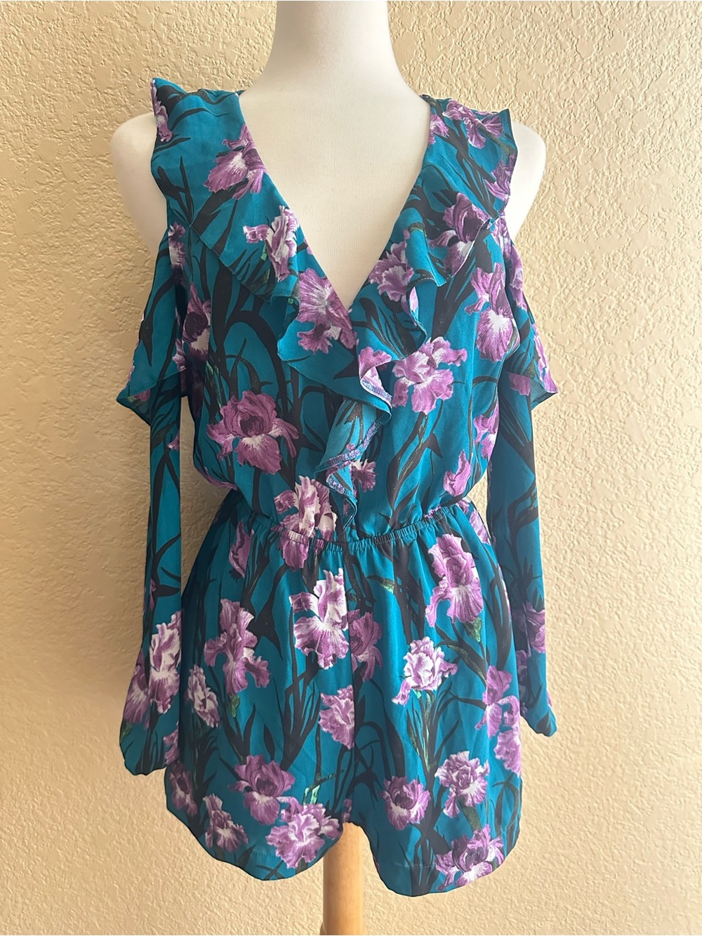 Guess Teal Floral Cold-Shoulder Ruffle Tunic